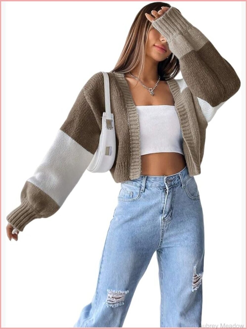 Color Block Cropped Cardigan Sweater Lightweight Oversized Fit Long Sleeve